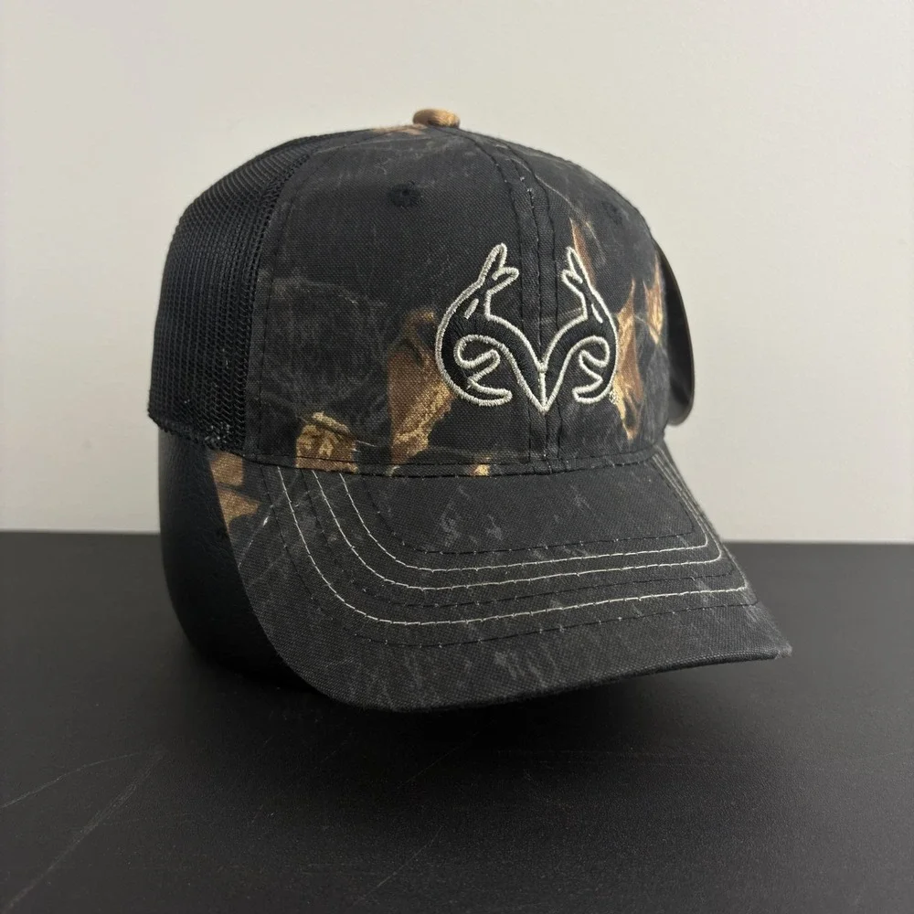 Realtree APX Black Camo Trucker Hat NWT Embroidered Antler Logo Mesh Snapback